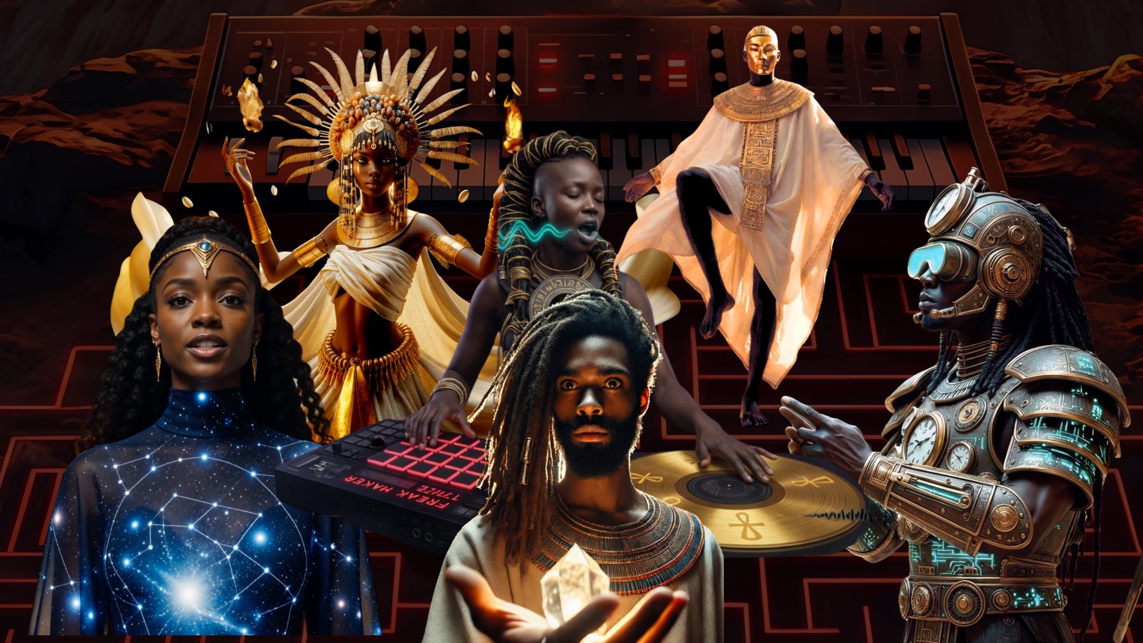 AP4TMC motif — an ensemble of six Afrofuturist figures before a synthesizer, with gold regalia, a constellation gown, and a cyber-armoured figure