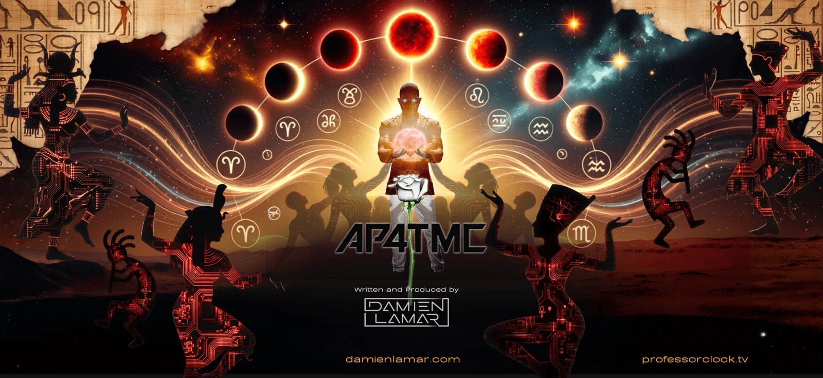 AP4TMC — cosmic Afrofuturist artwork with zodiac arc and circuit-pattern dancers