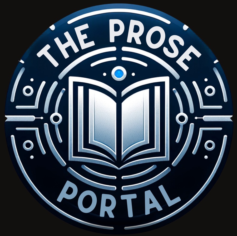 The Prose Portal badge mark — an open book beneath a blue signal point, ringed in silver on navy