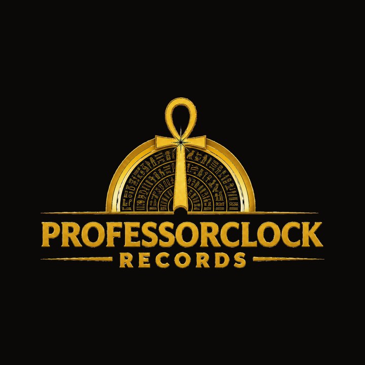 professor:clock records logomark — gold ankh over a hieroglyphic disc