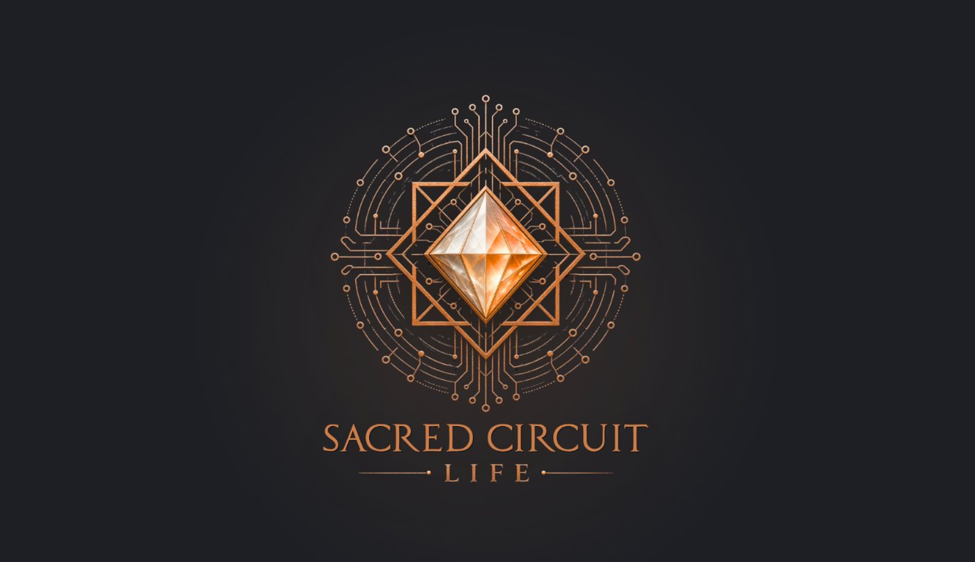 Sacred Circuit Life logo — copper circuit-traced emblem around a faceted crystal, with the wordmark beneath; client identity for an independent practice