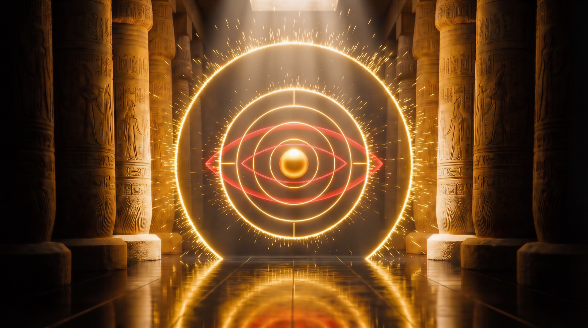 The eye of WŪBŌGŪ: concentric gold rings ablaze with light inside an ancient Egyptian temple