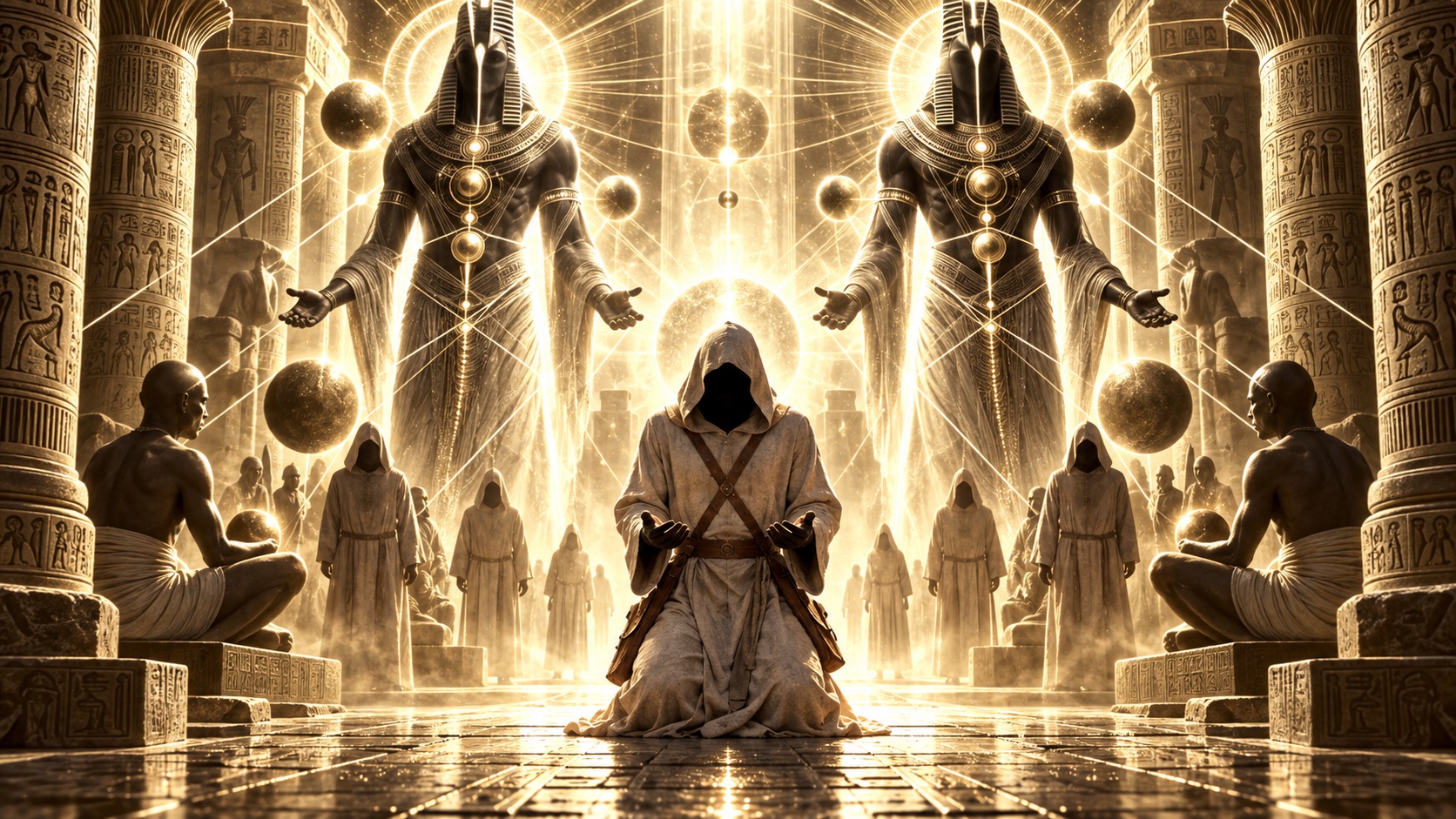 A hooded figure kneels with open hands on a glowing temple floor, flanked by two towering jackal-headed guardians and rows of robed initiates between hieroglyph-carved columns